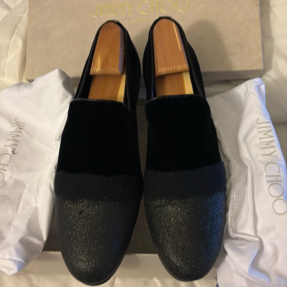 Jimmy Choo Sloane loafers black velvet with glitter note toe caps.